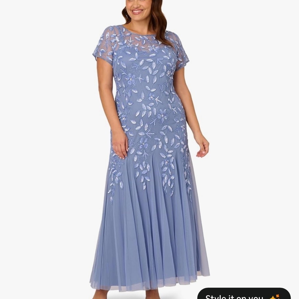 Adrianna Papell Womens Size 14W Bead Long Dress with Godet Blue Slate NWT